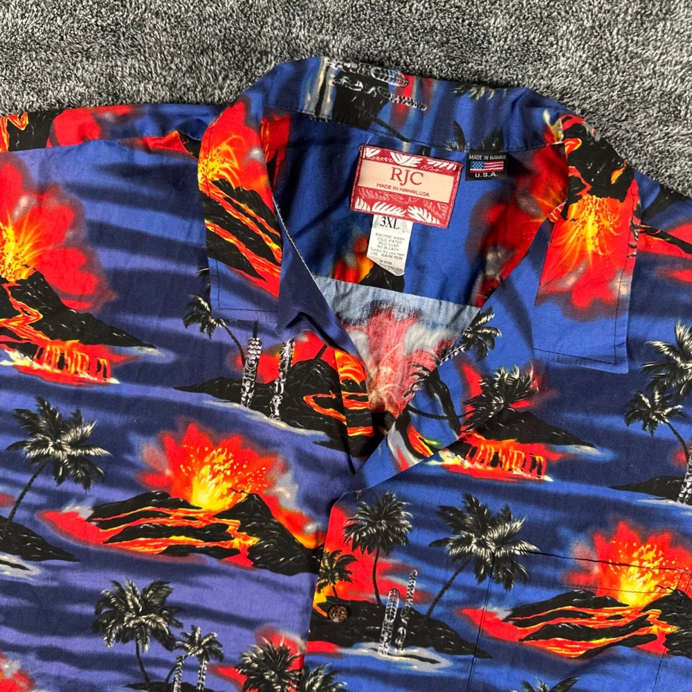 RJC Shirt Mens 3XL Blue Volcano Eruption Tropical Cotton RJC Hawaii Aloha
